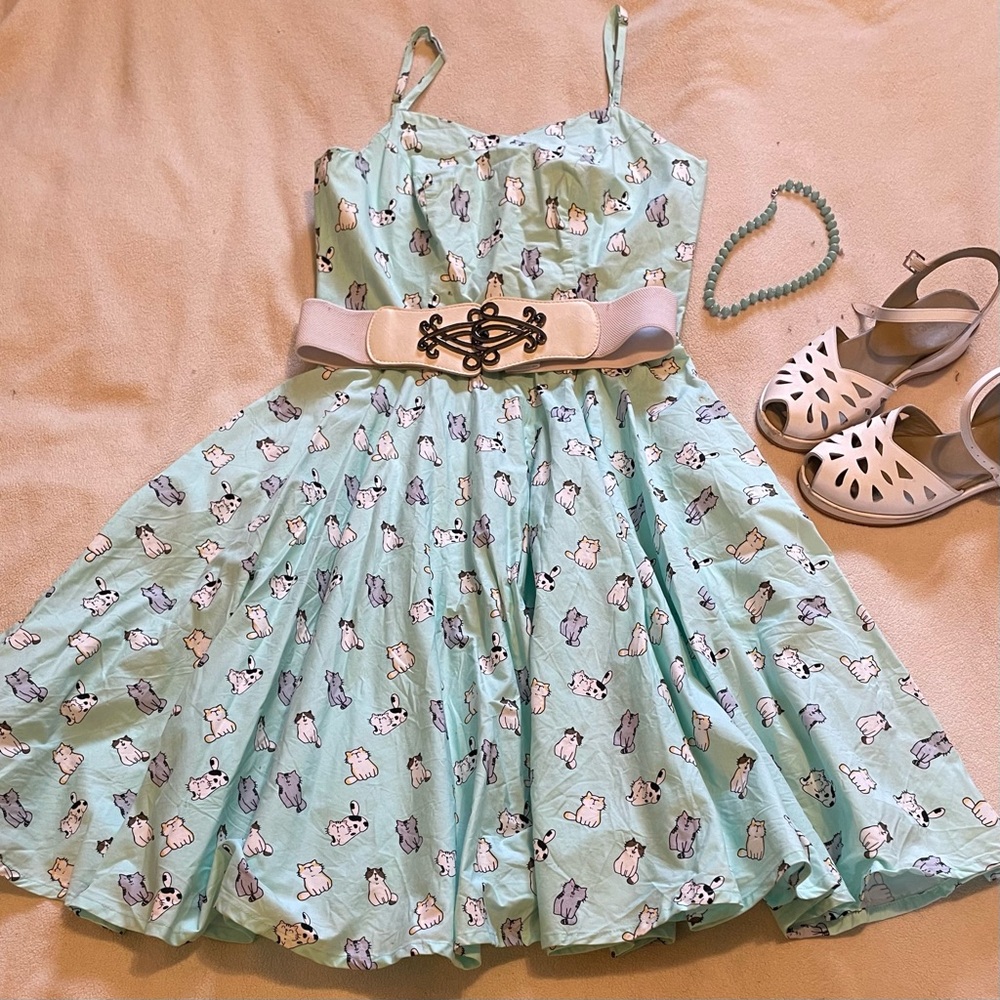Mint Green Cat Spaghetti Strap Sundress (Magnolia Park)